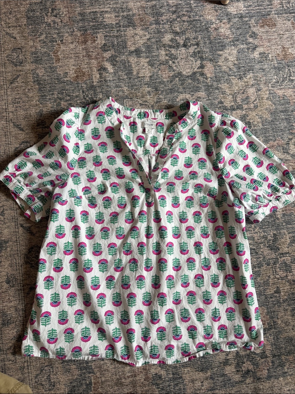 J. Crew' White Short Sleeve Blouse with Pink & Green Floral Motif